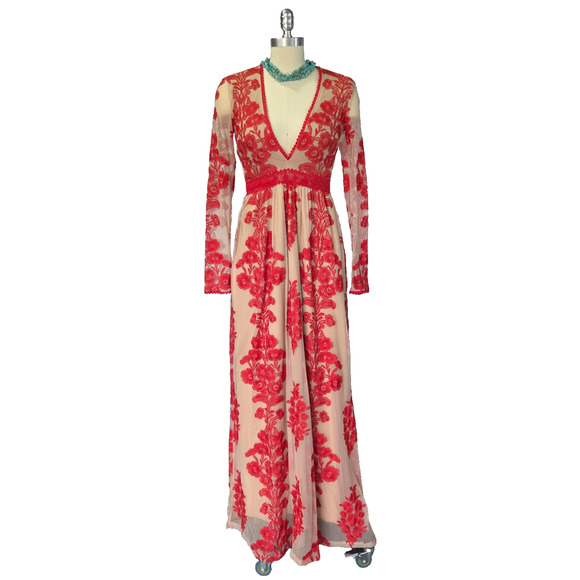 For Love & Lemons Temecula Maxi Dress Size S Red Embroidered Mesh Deep V Neck - Picture 1 of 9